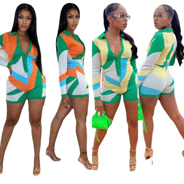 Colorblock Graffiti V Neck Single-Breasted Long Sleeve Knit Track Shorts Rompers