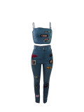 Denim Tracksuit Women Two Piece Set Cartoon Patch Spaghetti Strap Vest Crop Top Pencil Jeans Outfits