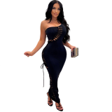 Women One Shoulder Sleeveless Skew Neck Lace Up Hollow Out Sexy Party Bodycon Maxi Dresses