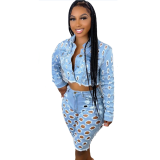 Casual Outfits 2022 Womens Denim Hole Long Sleeve Two Piece Shorts Sets