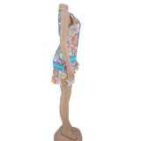 Summer Fashion Sleeveless V Neck Mini Print Lace Up Irregular Sreetwear Bodycon Dresses