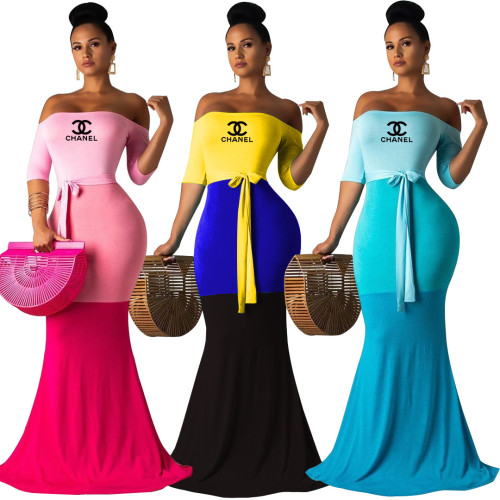 Offset Printed Sexy Long Maxi Dress for Women Off Shoulder Bodycon Color Block Mermaid Party Formal Dress