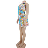 Summer Fashion Sleeveless V Neck Mini Print Lace Up Irregular Sreetwear Bodycon Dresses