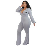 Women Dressy Bodycon Club Outfits Flared Trousers V-Neck Long Sleeve Jumpsuits with Belt