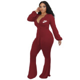Women Dressy Bodycon Club Outfits Flared Trousers V-Neck Long Sleeve Jumpsuits with Belt