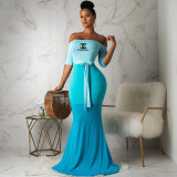 Offset Printed Sexy Long Maxi Dress for Women Off Shoulder Bodycon Color Block Mermaid Party Formal Dress
