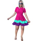 Contrast Color Patchwork Short Sleeve Big Swing Mini Dress