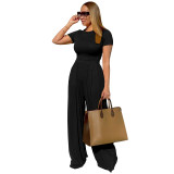 Loose Solid Color Short Sleeve Crop Top and Wide-leg Pants