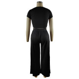 Loose Solid Color Short Sleeve Crop Top and Wide-leg Pants