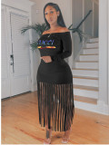 Black Casual Hot Drill Ankle-Length Tassel Long Sleeve Pullover Bodycon Dress