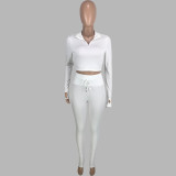 Casual Solid Color Pit V-Neck Zipper Long Sleeve Crop Top Trousers Sports Two Pieces