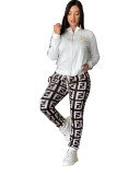 Spring and Autumn Fashion High Neck Zipper Print Sportswear Two Piece Pants Sets
