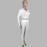 Casual Solid Color Pit V-Neck Zipper Long Sleeve Crop Top Trousers Sports Two Pieces