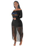 Black Casual Hot Drill Ankle-Length Tassel Long Sleeve Pullover Bodycon Dress