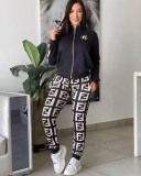 Spring and Autumn Fashion High Neck Zipper Print Sportswear Two Piece Pants Sets