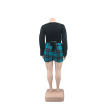 Plus Size Long Sleeve Top + Plaid Mini Culottes Two Piece Sets
