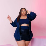 Sexy Solid Sequins Turndown Collar Plus Size Culottes Three Pieces Set