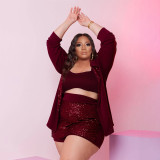 Sexy Solid Sequins Turndown Collar Plus Size Culottes Three Pieces Set
