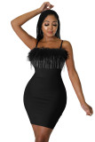 Solid Color Beaded Chain Zipper Sling Feather Dress