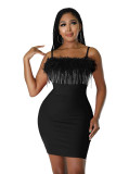 Solid Color Beaded Chain Zipper Sling Feather Dress