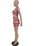 Sexy Halter Striped Two Piece Skirt Set