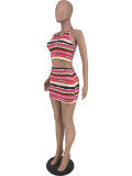 Sexy Halter Striped Two Piece Skirt Set