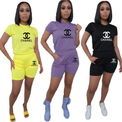 Fashion Casual Print Letter Short Sleeve Sports Two Piece Set