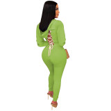 Sexy Cut Out Lace Up Long Sleeve Tracksuit Hooded Crop Top + Pants Suits Two Piece Set