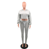 Sexy Cut Out Lace Up Long Sleeve Tracksuit Hooded Crop Top + Pants Suits Two Piece Set
