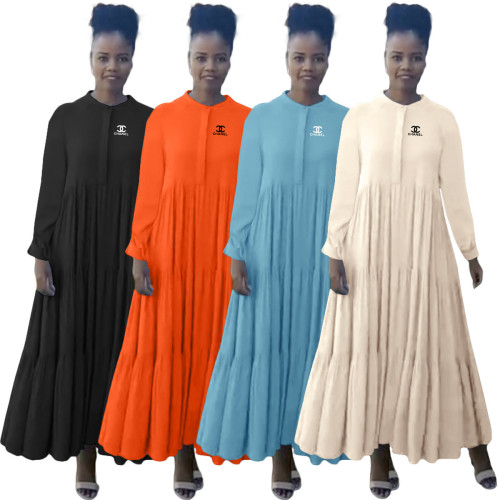 Autumn Casual Long Sleeve Loose Stitching Long Dress