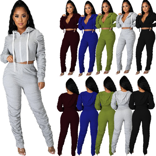 Solid Color Long Sleeve Hooded Top Pleated Trousers Casual Two Piece with Pocket