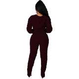 Solid Color Long Sleeve Hooded Top Pleated Trousers Casual Two Piece with Pocket