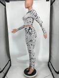 Women Outfit Round Neck Zipper Fashion Casual Printed Two Piece Pant Set