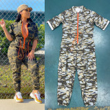 Camouflage Cardigan Woven Jumpsuit