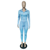 Women Tracksui Solid Color Lapel Long Sleeve Zipper 2 Piece Pants Sets