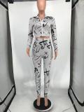 Women Outfit Round Neck Zipper Fashion Casual Printed Two Piece Pant Set