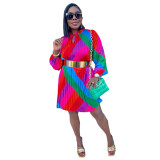Fashion Sexy Pleated Rainbow Print Dress without Belt