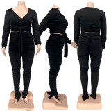 Solid V-Neck Tie Pleated Knit Plus Size Two-Piece Pant Set