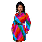 Fashion Sexy Pleated Rainbow Print Dress without Belt