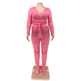 Solid V-Neck Tie Pleated Knit Plus Size Two-Piece Pant Set