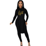 Casual Printed Split Joint Slit O Neck Long Sleeve Two Pieces