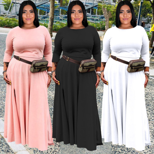 Fashion Casual Solid Basic O Neck Plus Size Two Pieces Skirts Set