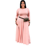 Fashion Casual Solid Basic O Neck Plus Size Two Pieces Skirts Set