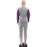 Contrast Color Zipper Up Stand Collar Crop Two Piece Pants Sets Track Suit Suits Set For Women