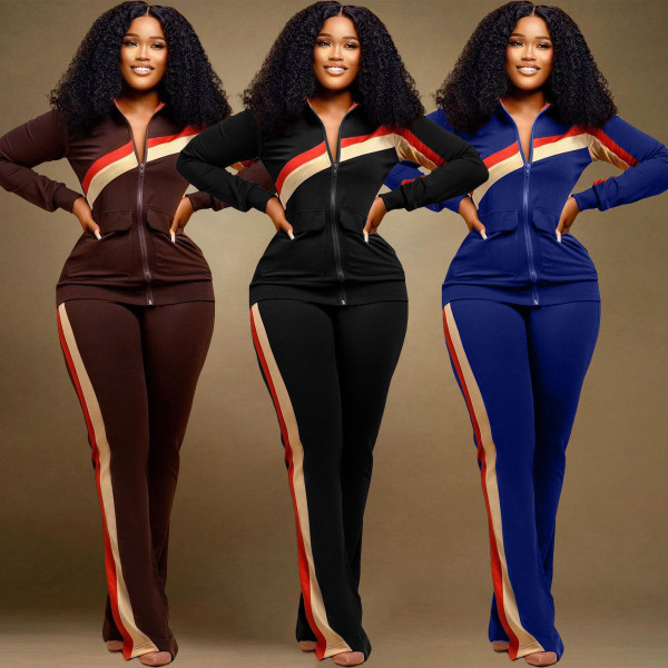 Color Block Zipper Up Two Piece Outfits