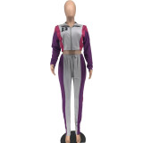 Contrast Color Zipper Up Stand Collar Crop Two Piece Pants Sets Track Suit Suits Set For Women