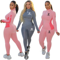 Fall Fashion Printed Long Sleeve Slim Fit Sports Suit 2-piece Set Yoga Clothes