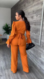 Fashion Women's V-Neck Flared Sleeve Lace-Up Top Straight Pants Two Piece Set