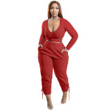 Red Casual Solid Bandage Patchwork V Neck Plus Size Two Pieces Pant Set