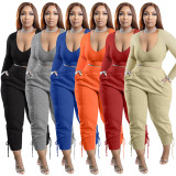 Apricot Casual Solid Bandage Patchwork V Neck Women Two Pieces Pant Set
